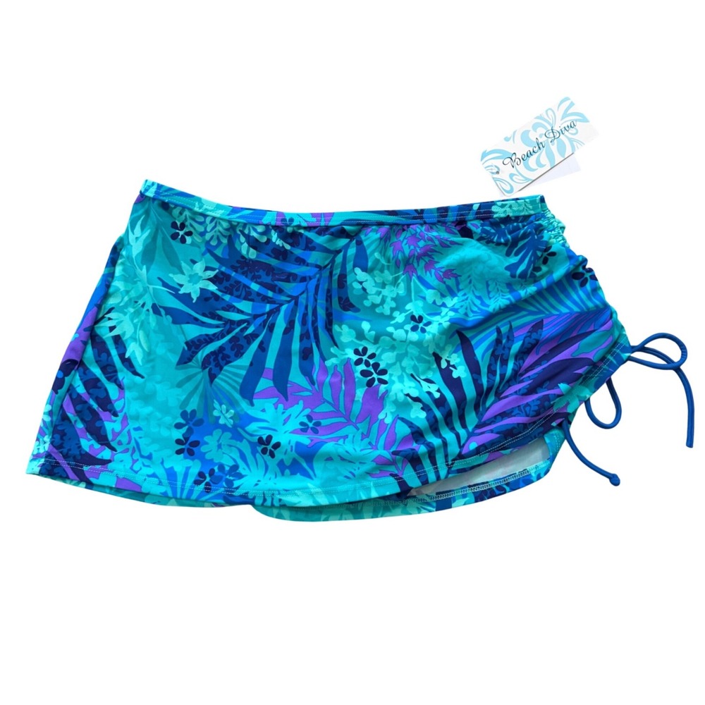 Beach Diva Womens‎ Swim Skirt Size 10 Tropical Floral Blue Teal Ruched Skort NWT